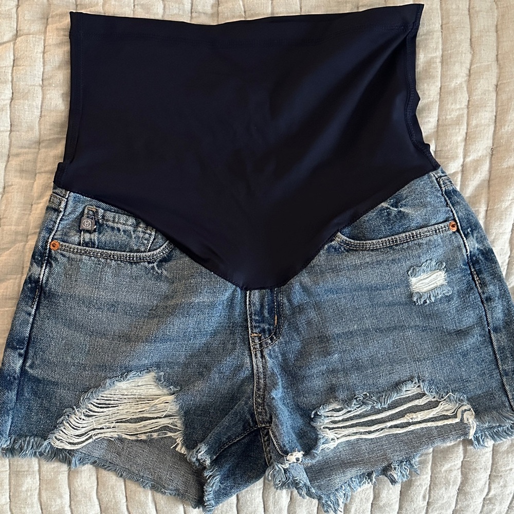 Pink blush distressed cut off maternity jeans shorts
